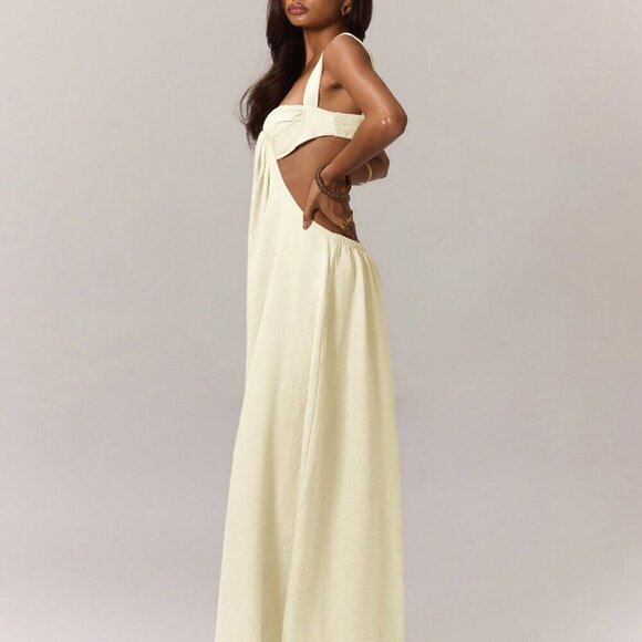 Beige Sexy Women's Ruched Bust Extreme Wide Leg Jumpsuit Vacation - Picture 3 of 5